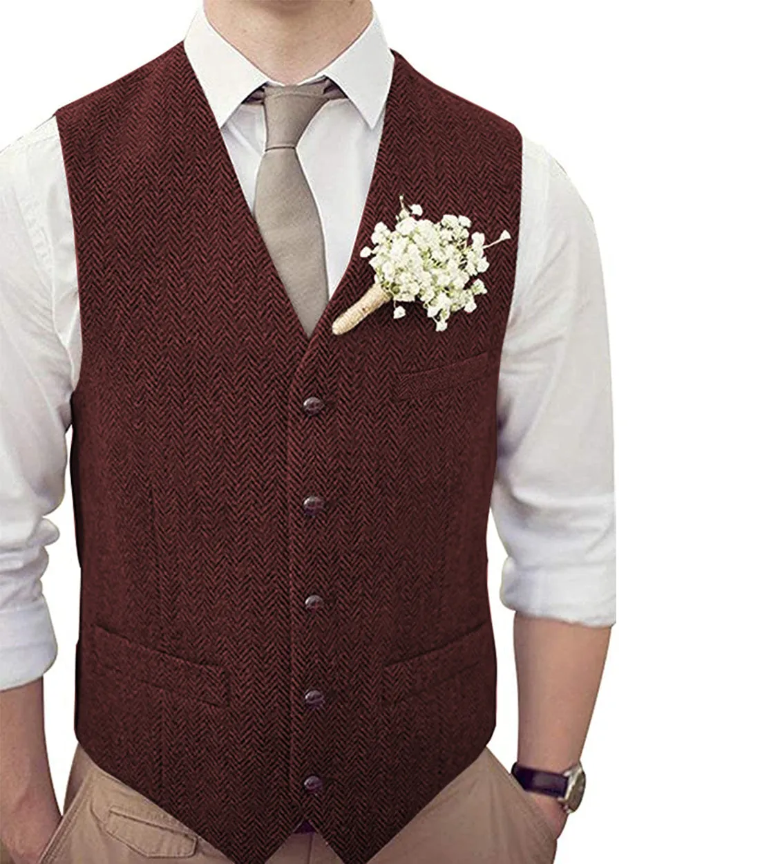 Formal Men's Suit Vest Herringbone V Neck Waistcoat for Wedding