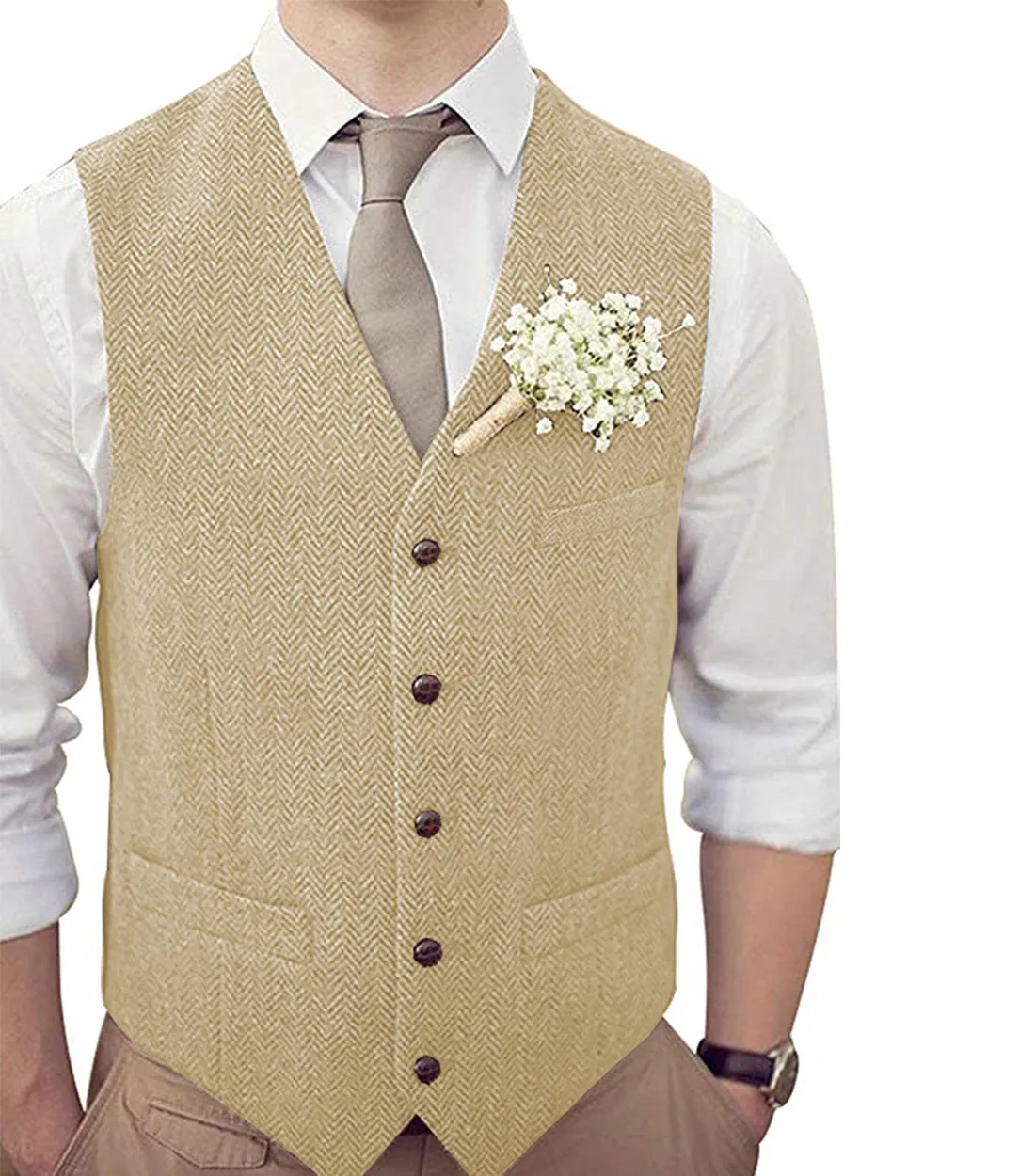 Formal Men's Suit Vest Herringbone V Neck Waistcoat for Wedding