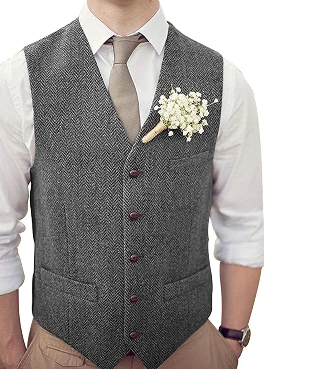 Formal Men's Suit Vest Herringbone V Neck Waistcoat for Wedding