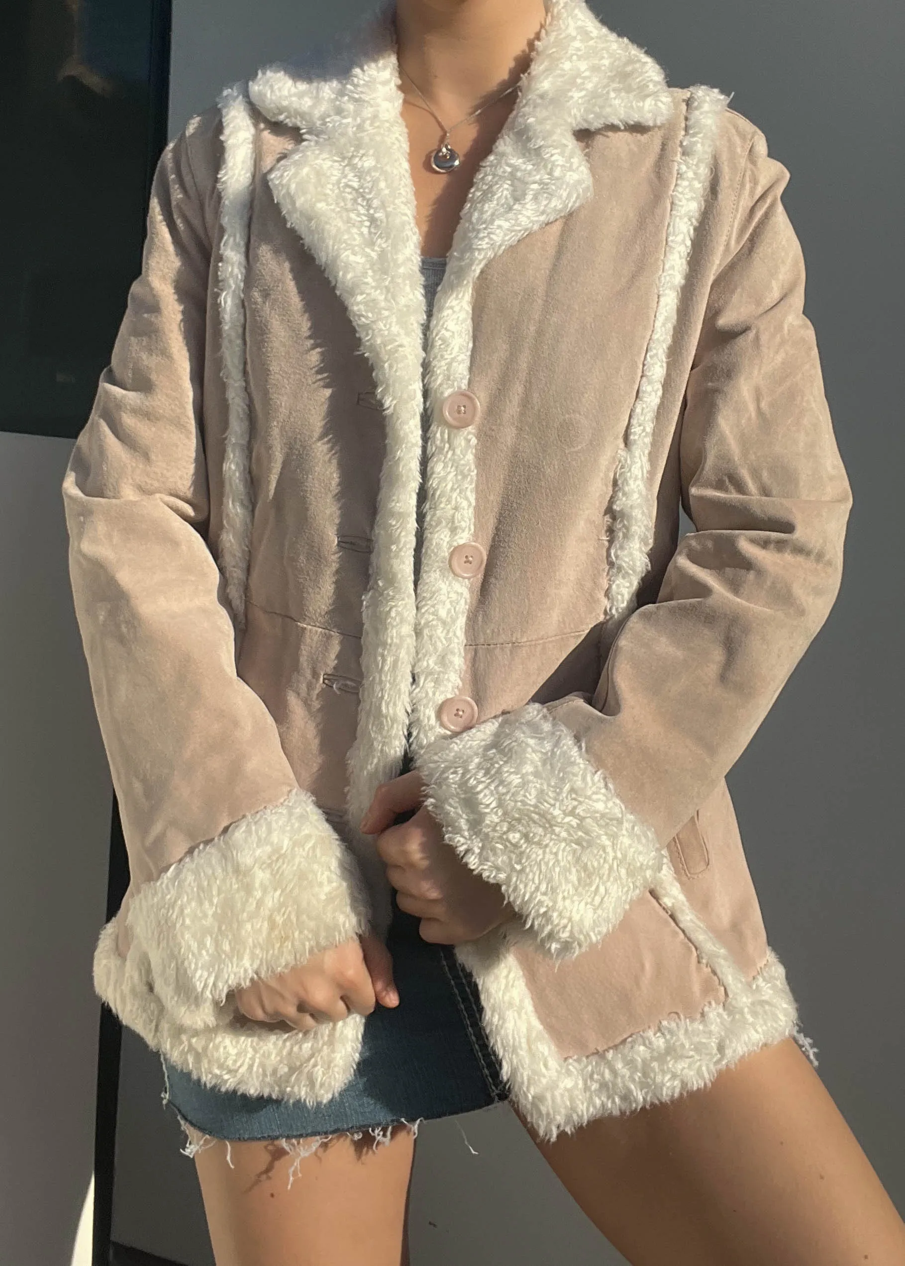 Fuzzy Trim Suede Coat (S-S/M)