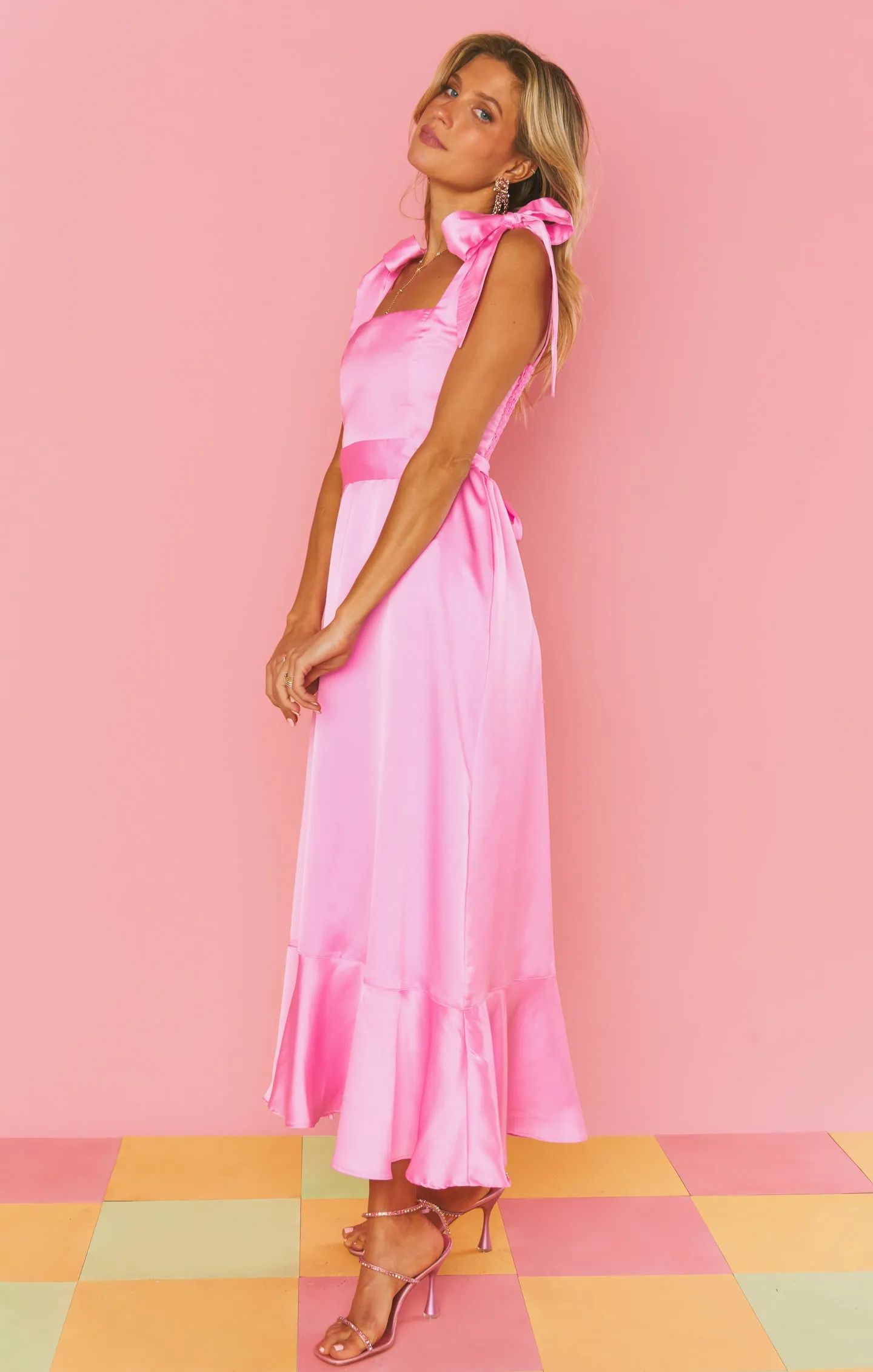 Garden Midi Dress ~ Pink Luxe Satin