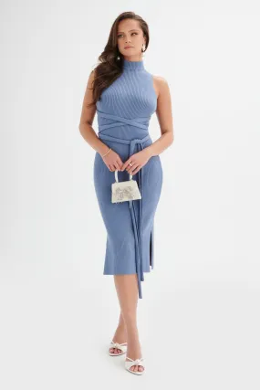 GIGI Knitted Ribbed Open Back Midi Dress In Cornflower Blue