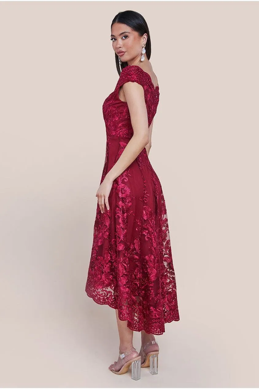 Goddiva Embroidered Lace Midi Dress With Asymmetrical Hem - Wine