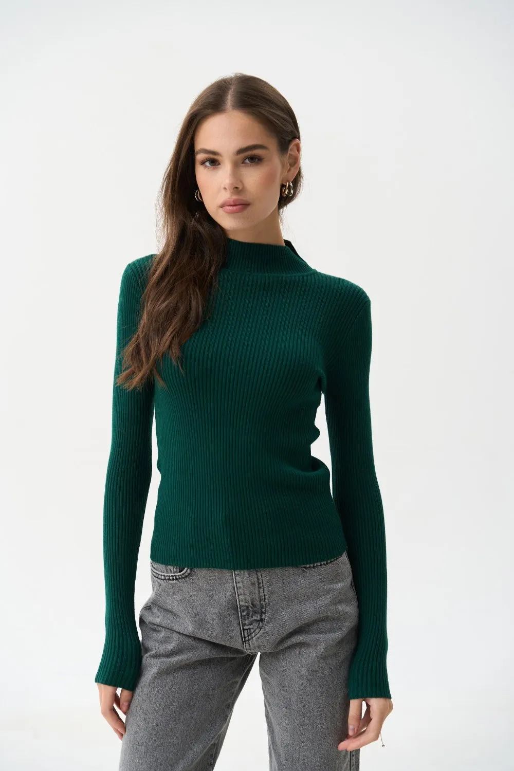 Green Rib Knit Turtleneck Sweater