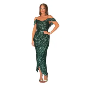 Green Sequin Off Shoulder Midi Cocktail Dress