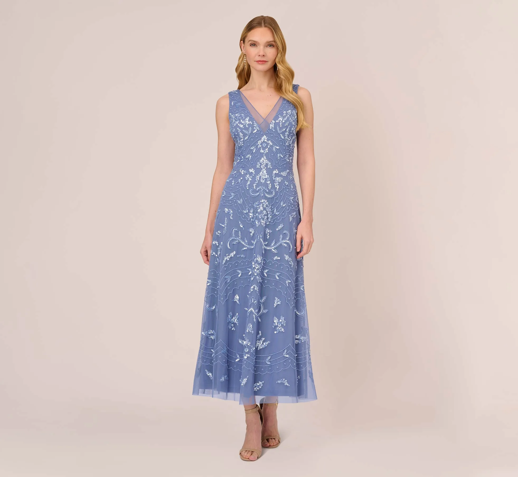 Hand-Beaded Ankle-Length Dress In French Blue