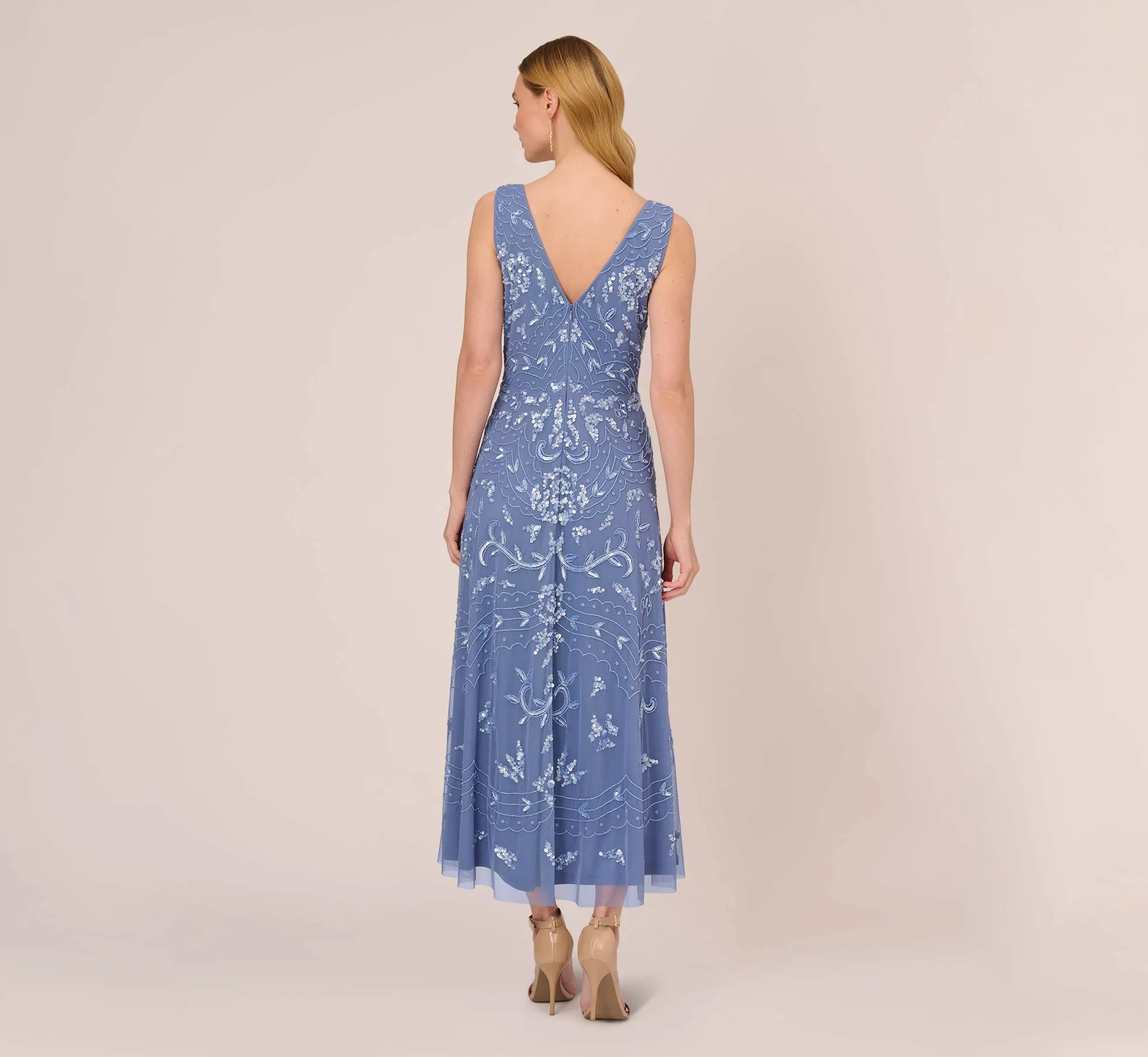 Hand-Beaded Ankle-Length Dress In French Blue