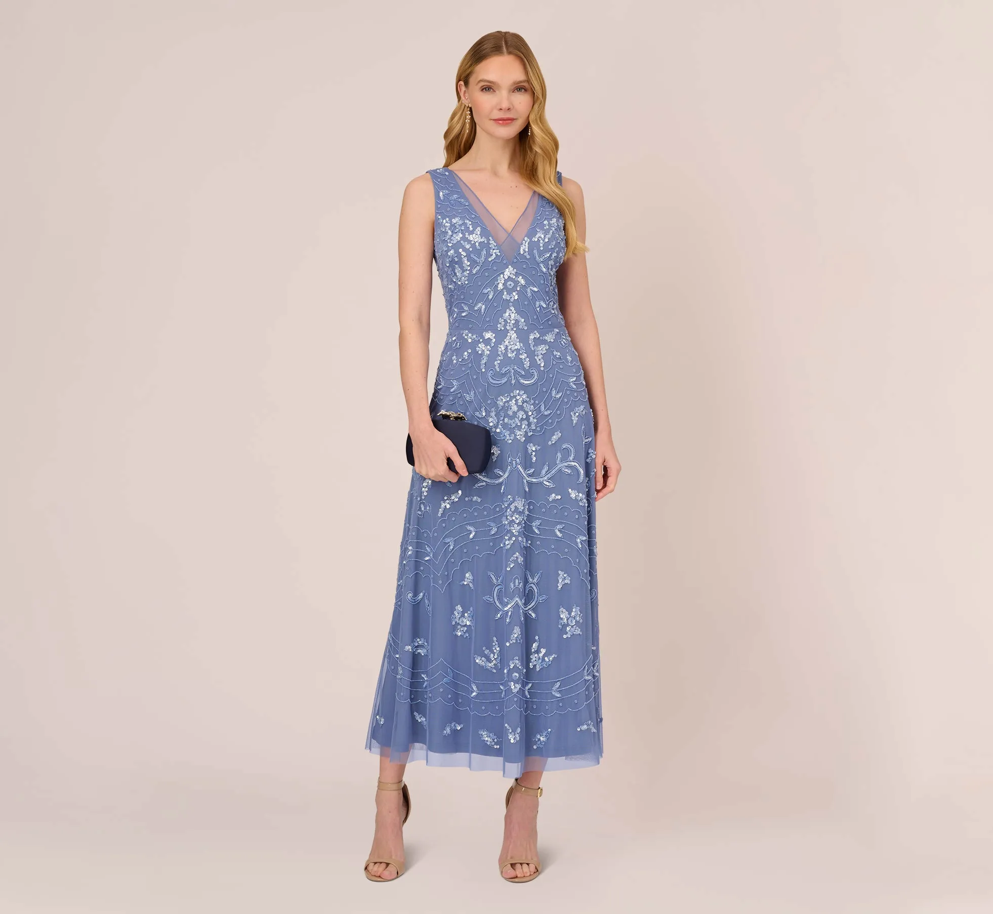 Hand-Beaded Ankle-Length Dress In French Blue