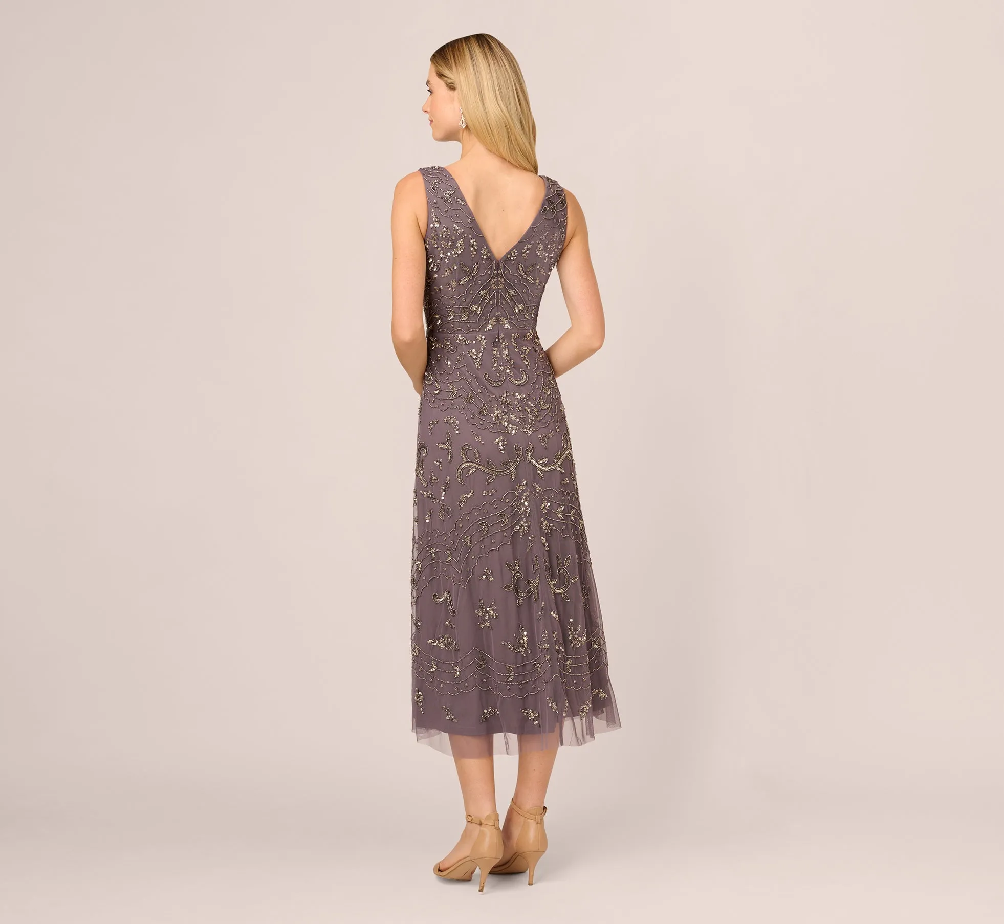 Hand-Beaded Ankle-Length Dress In Moonscape