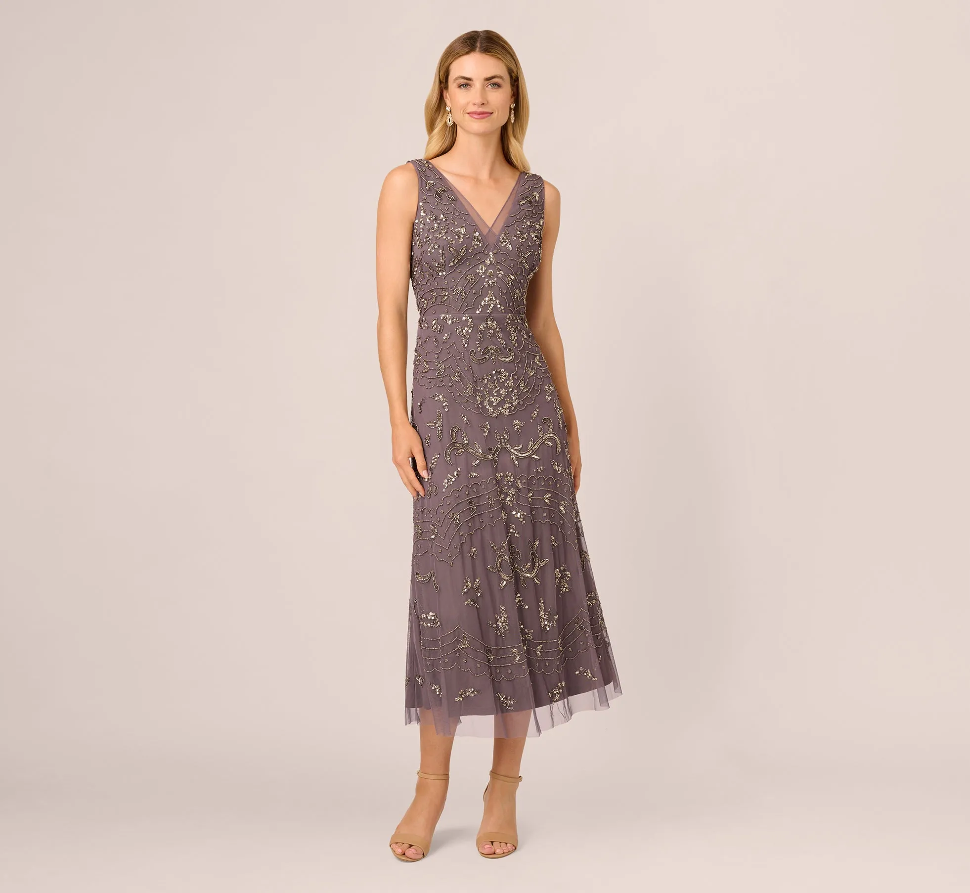 Hand-Beaded Ankle-Length Dress In Moonscape