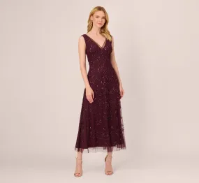 Hand-Beaded Ankle-Length Dress In Night Plum