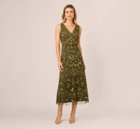 Hand-Beaded Ankle-Length Dress In Olive