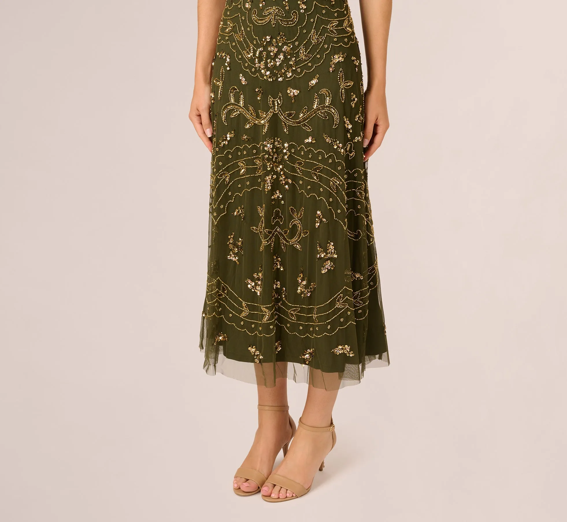 Hand-Beaded Ankle-Length Dress In Olive