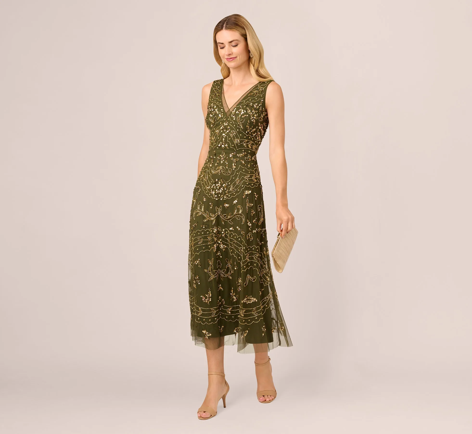 Hand-Beaded Ankle-Length Dress In Olive