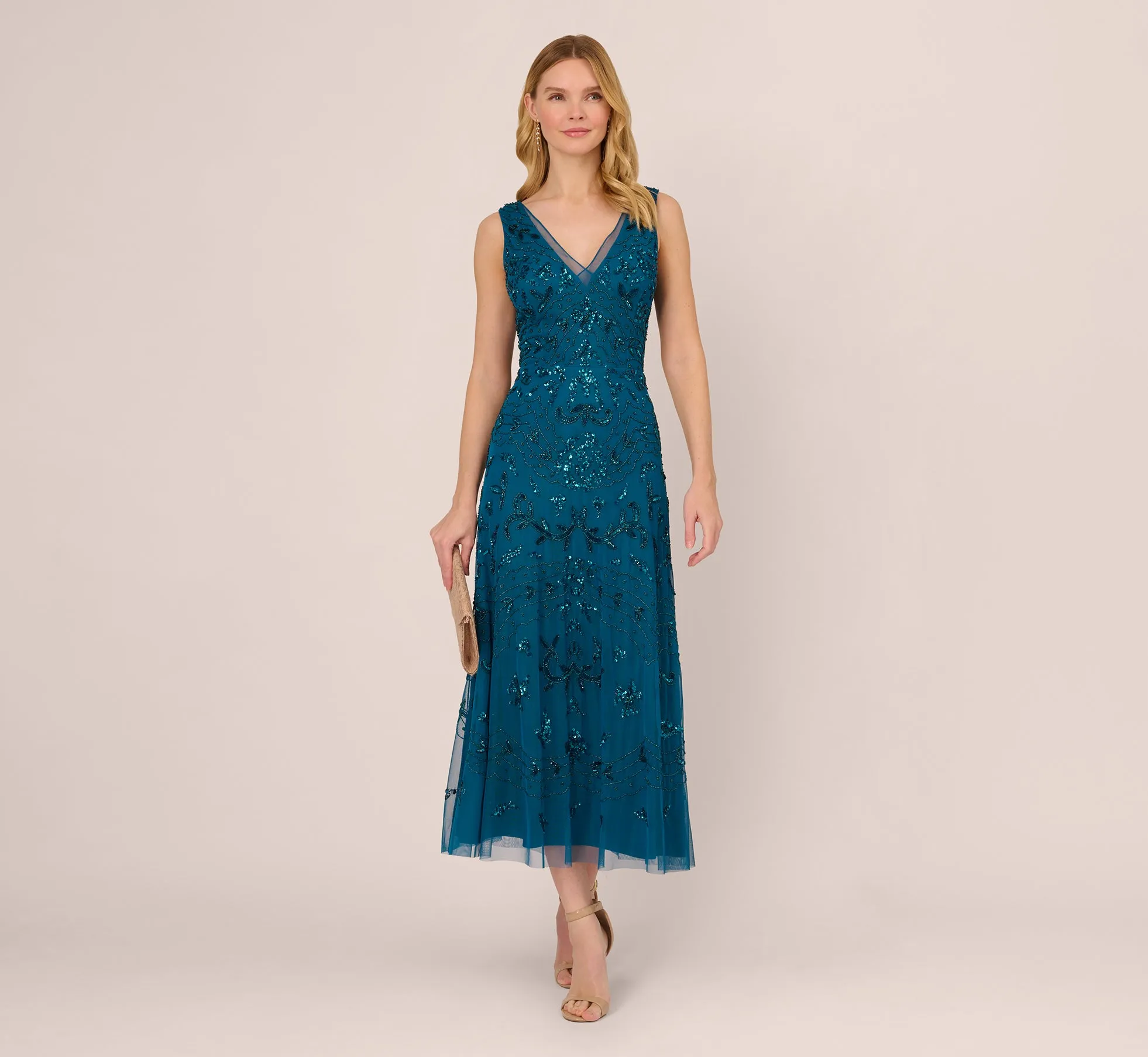 Hand-Beaded Ankle-Length Dress In Teal Sapphire