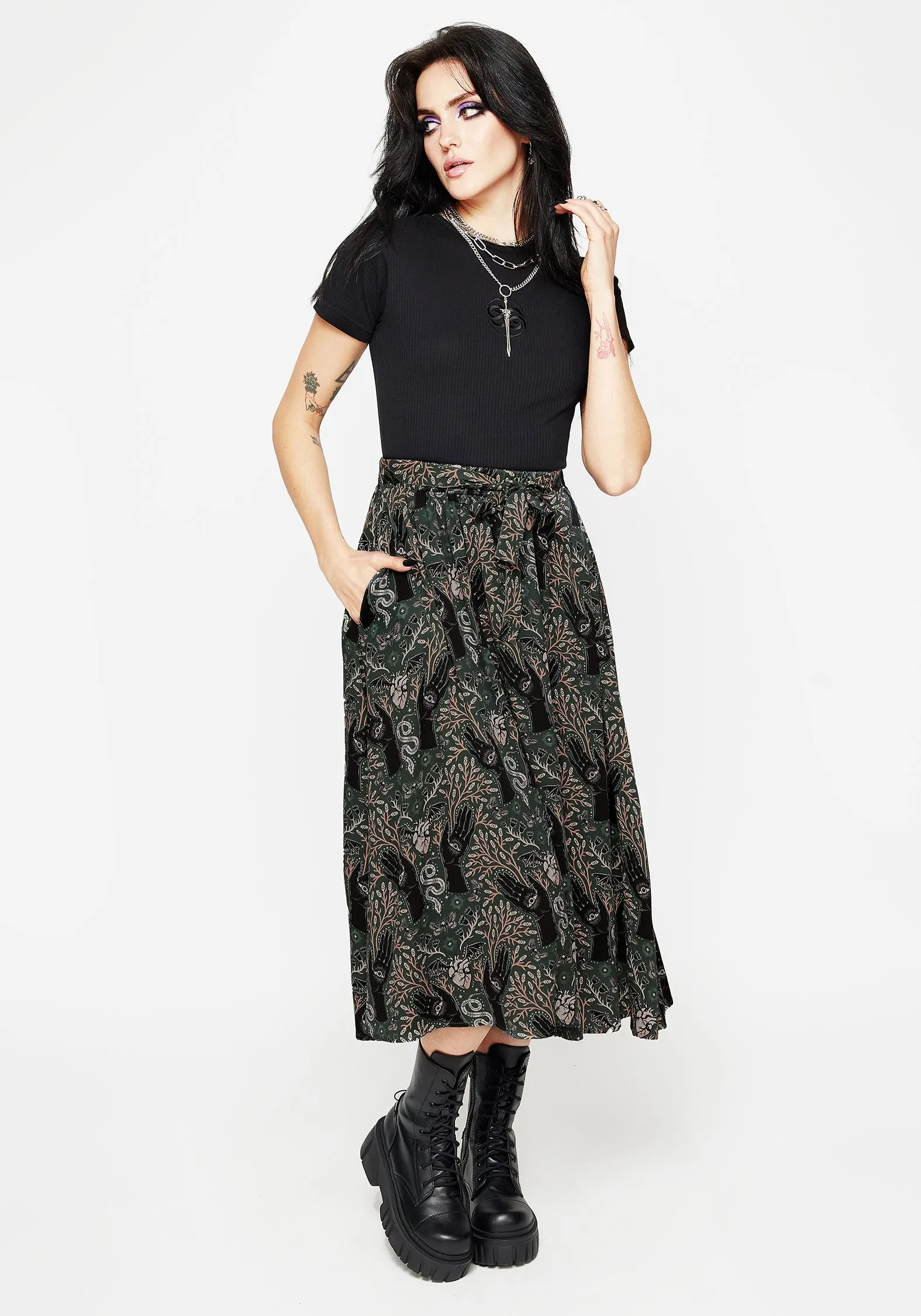 Hemlock Tie Detail Midi Skirt - Green