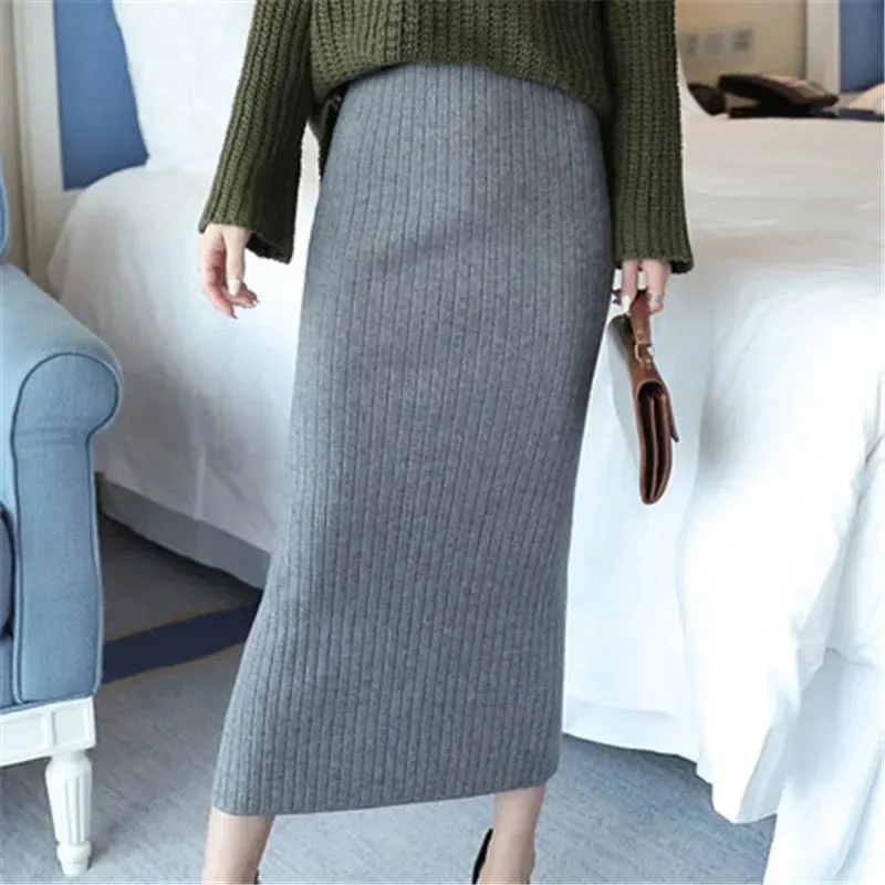 High Quality Autumn Winter Slim Belted Knitted Wool Midi Pencil Skirt