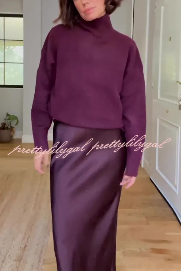 Jaelyn Solid Color Turtleneck Long Sleeve Sweater and Satin Elastic Waist Maxi Skirt Set