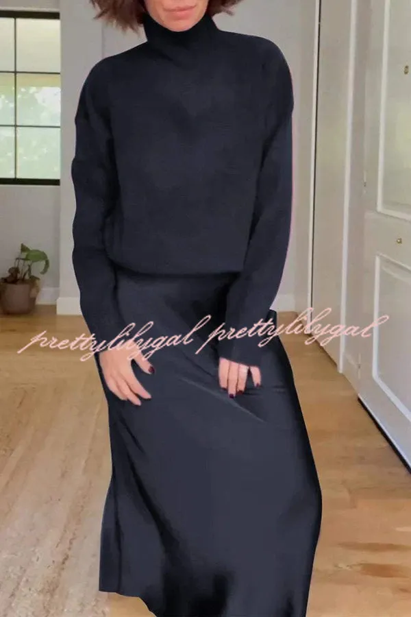 Jaelyn Solid Color Turtleneck Long Sleeve Sweater and Satin Elastic Waist Maxi Skirt Set