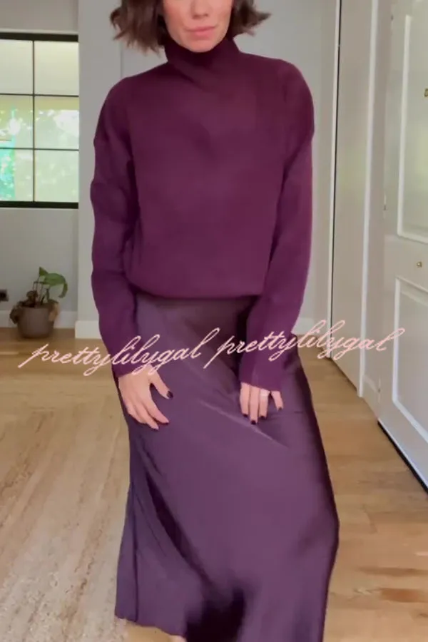 Jaelyn Solid Color Turtleneck Long Sleeve Sweater and Satin Elastic Waist Maxi Skirt Set