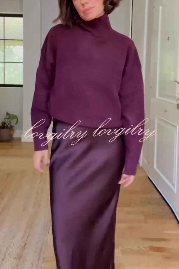 Jaelyn Solid Color Turtleneck Long Sleeve Sweater and Satin Elastic Waist Maxi Skirt Set