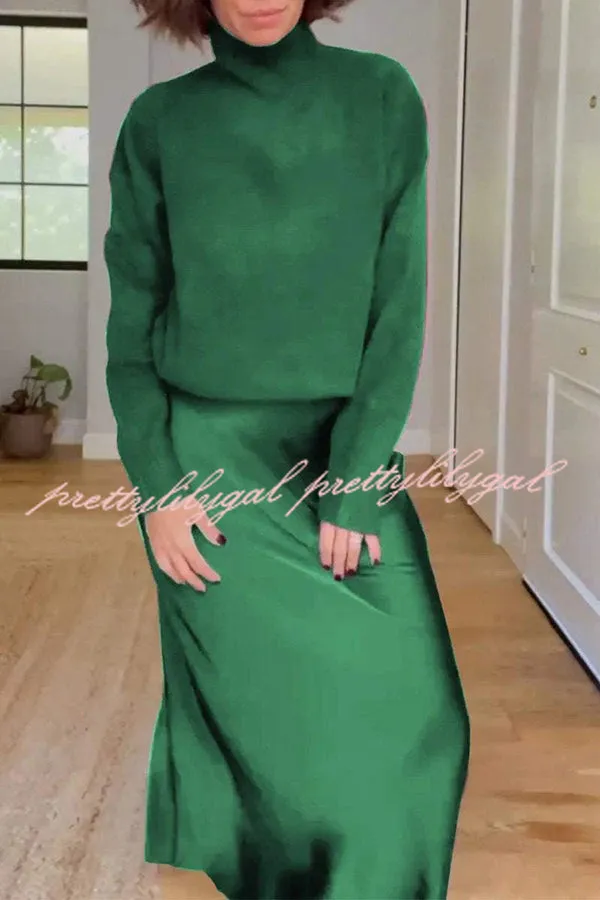 Jaelyn Solid Color Turtleneck Long Sleeve Sweater and Satin Elastic Waist Maxi Skirt Set