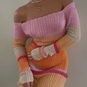 Joskaa 2024 fall fashion trends Long Contrast Color off-Shoulder Cut-out Beach Long Sleeve Knitted Striped Dress Women