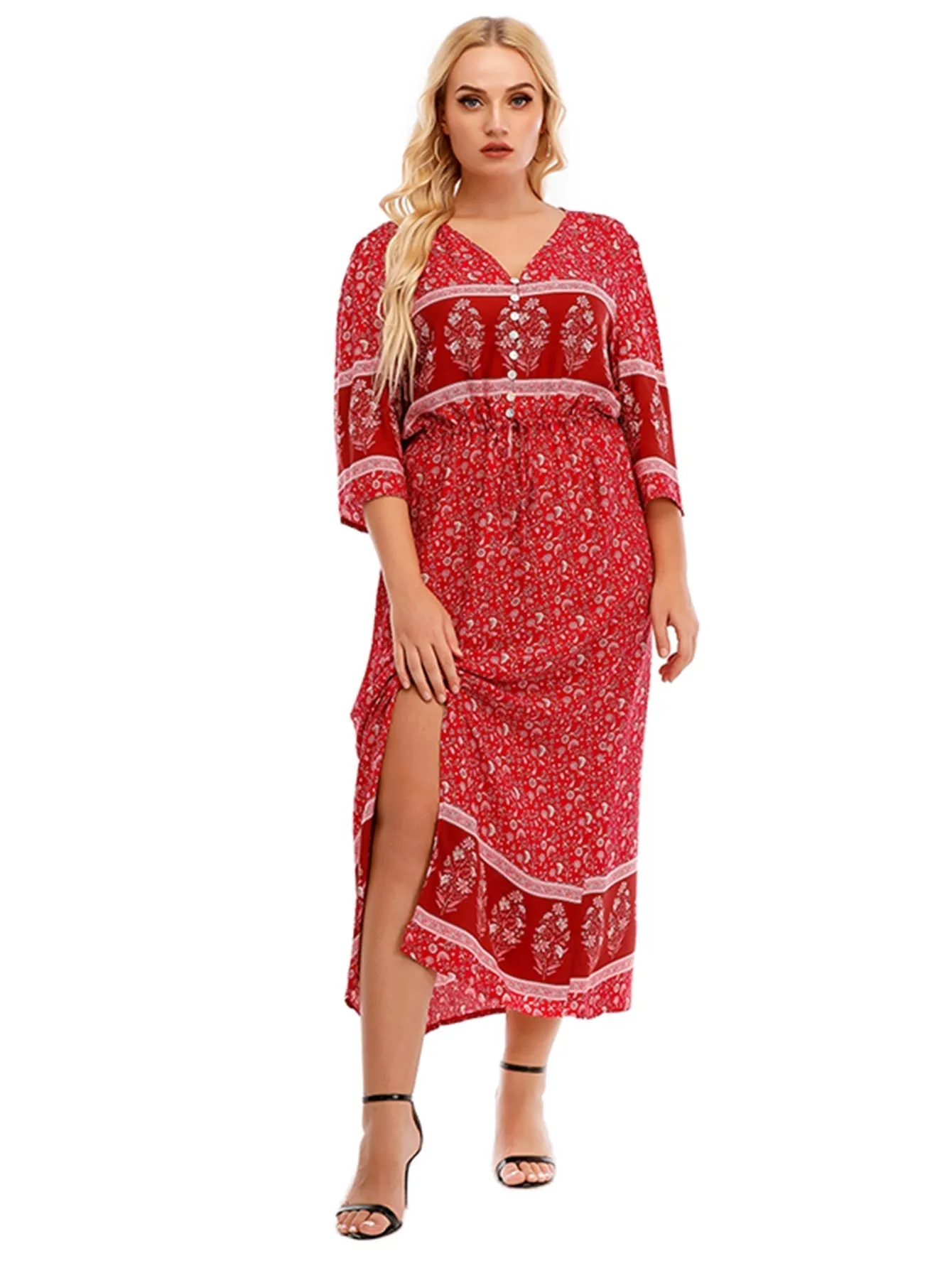 KittenAlarm - Plus Size Boho Print Elastic Waist Split Dress