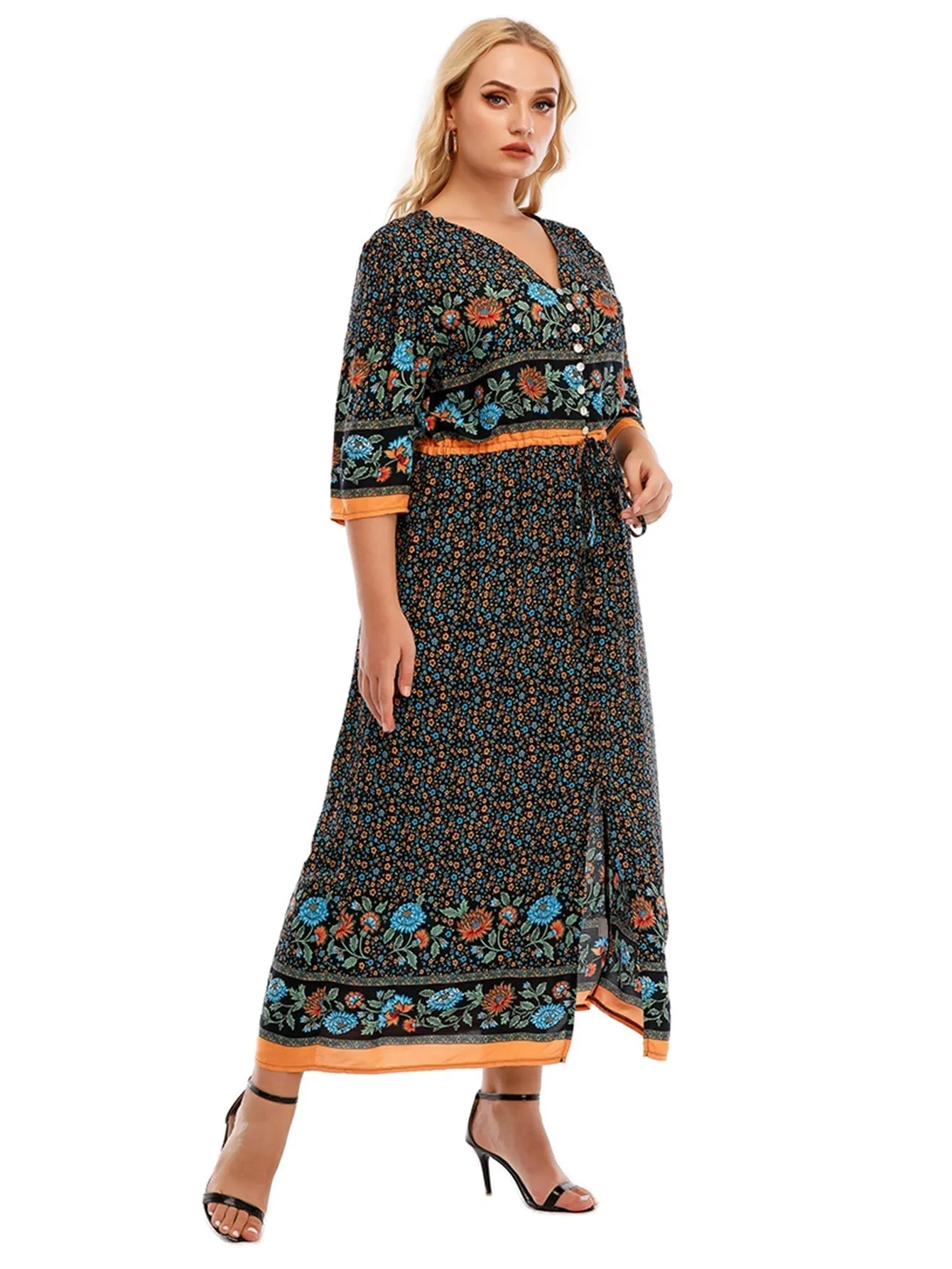 KittenAlarm - Plus Size Boho Print Elastic Waist Split Dress