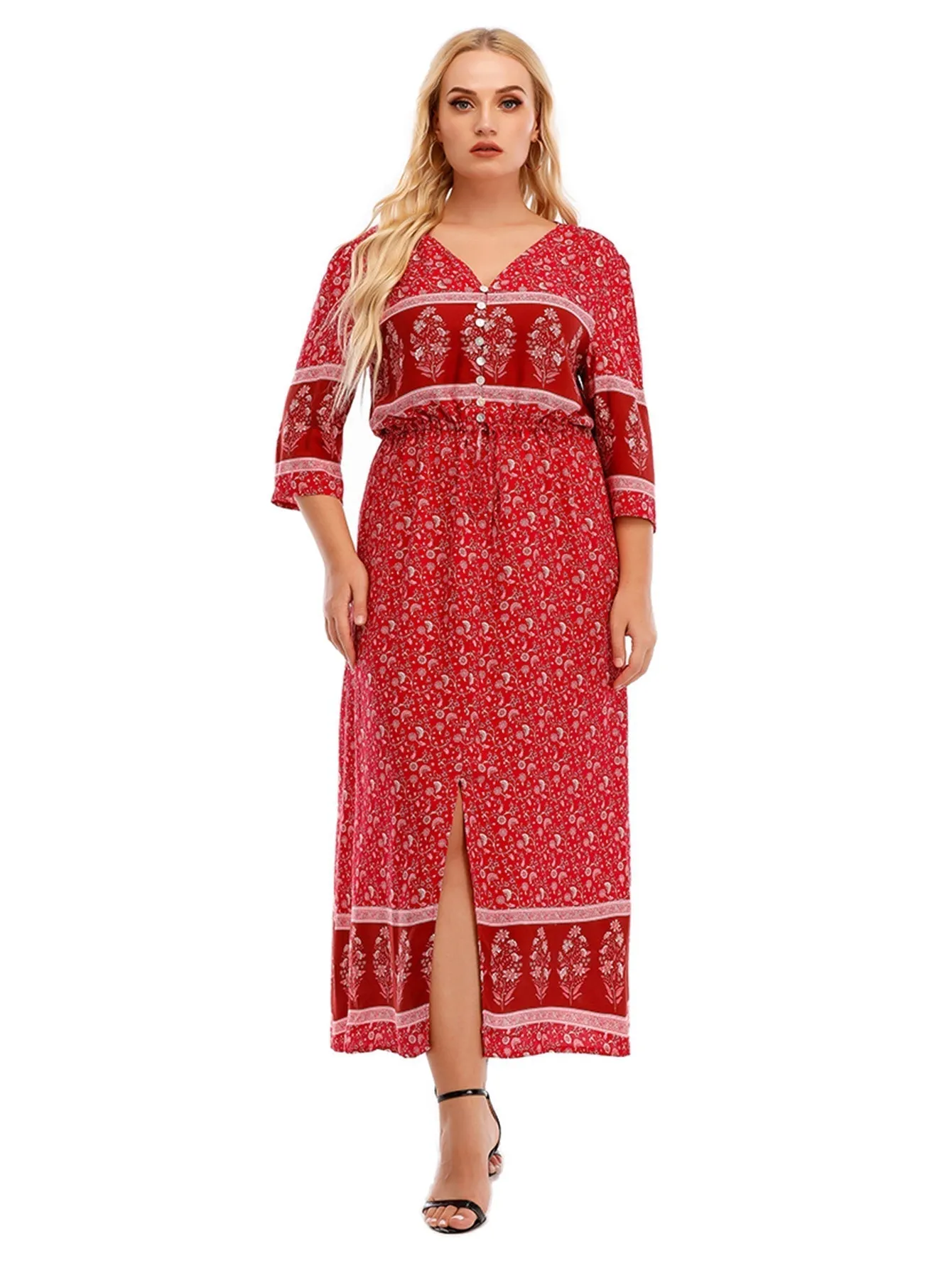 KittenAlarm - Plus Size Boho Print Elastic Waist Split Dress