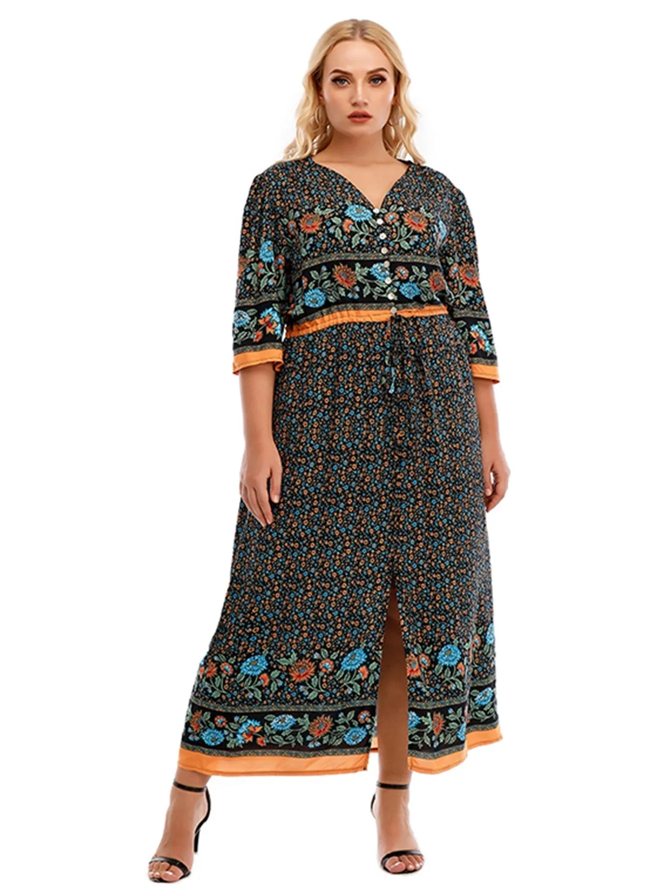 KittenAlarm - Plus Size Boho Print Elastic Waist Split Dress