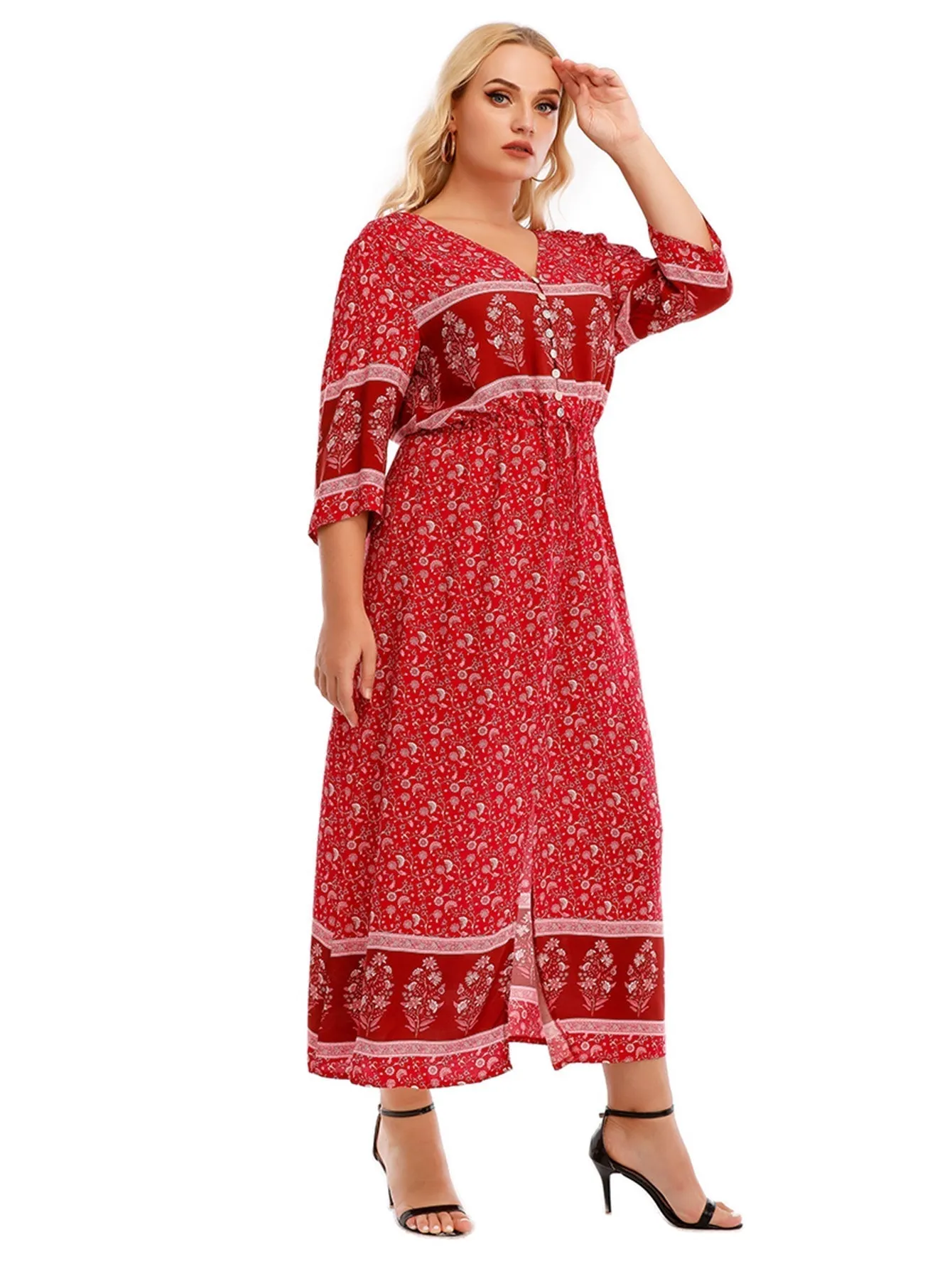 KittenAlarm - Plus Size Boho Print Elastic Waist Split Dress