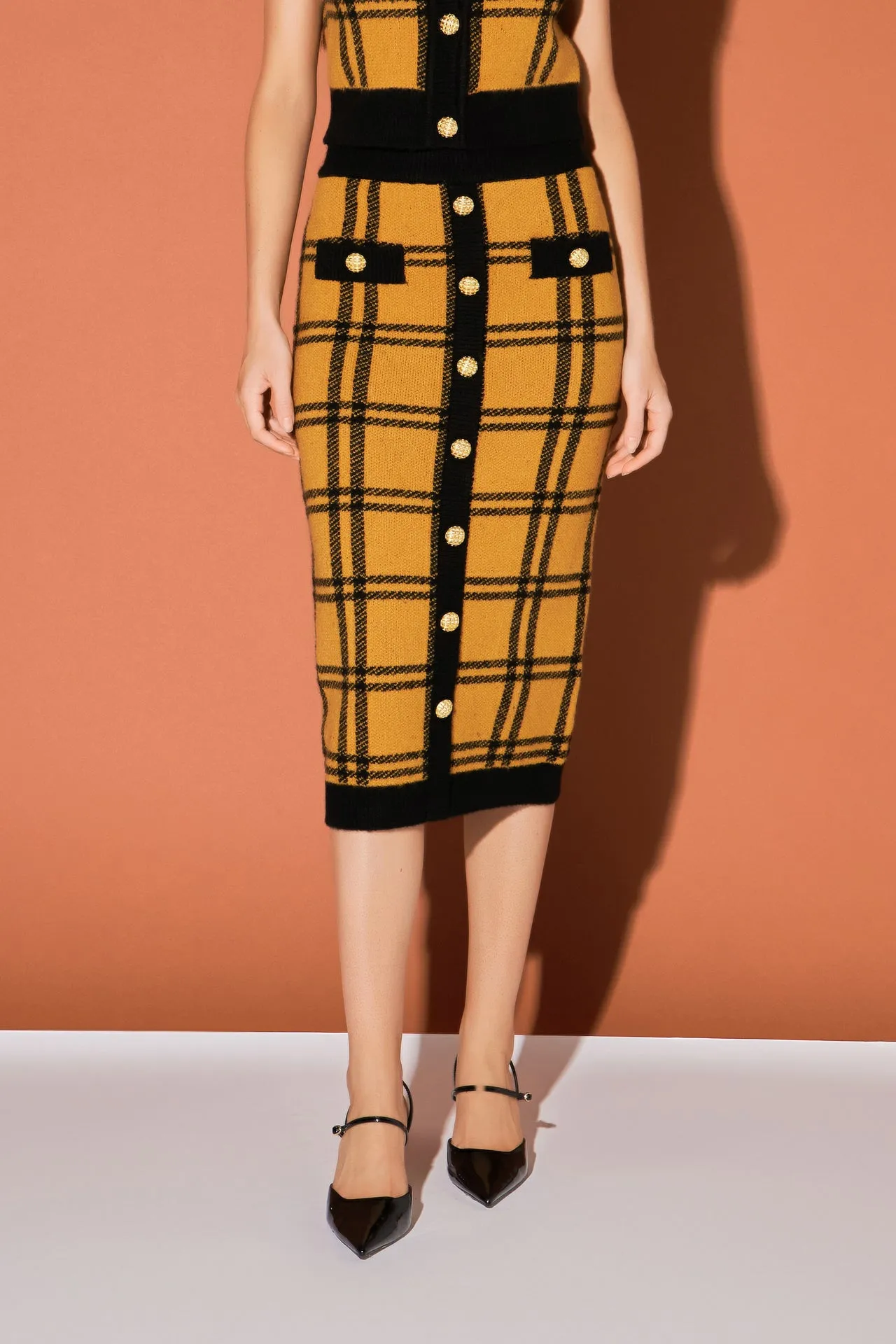 Knit Check Plaid Midi Skirt