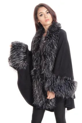 Knitted Faux Fur trim sleeve Poncho Cape