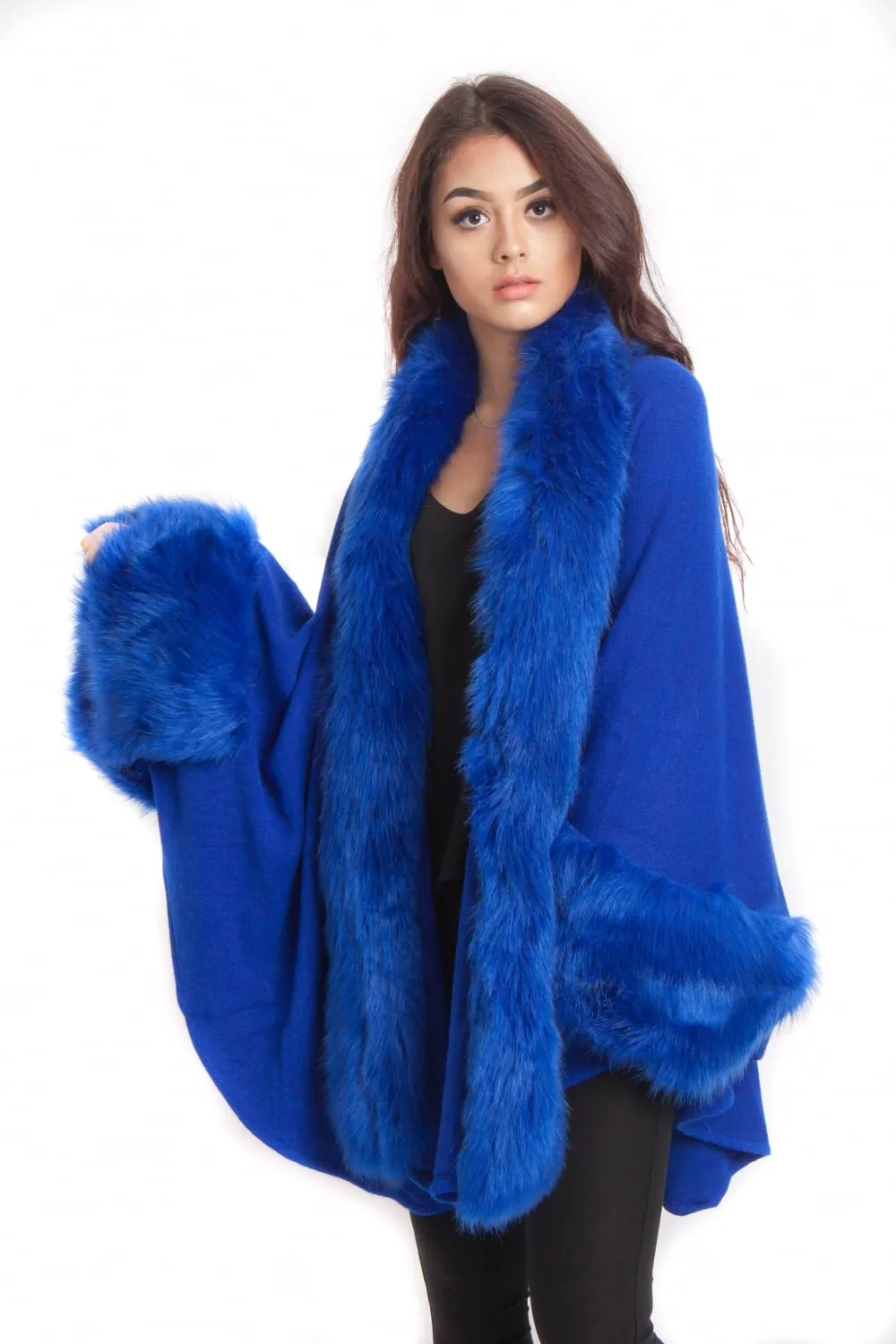 Knitted Faux Fur trim sleeve Poncho Cape