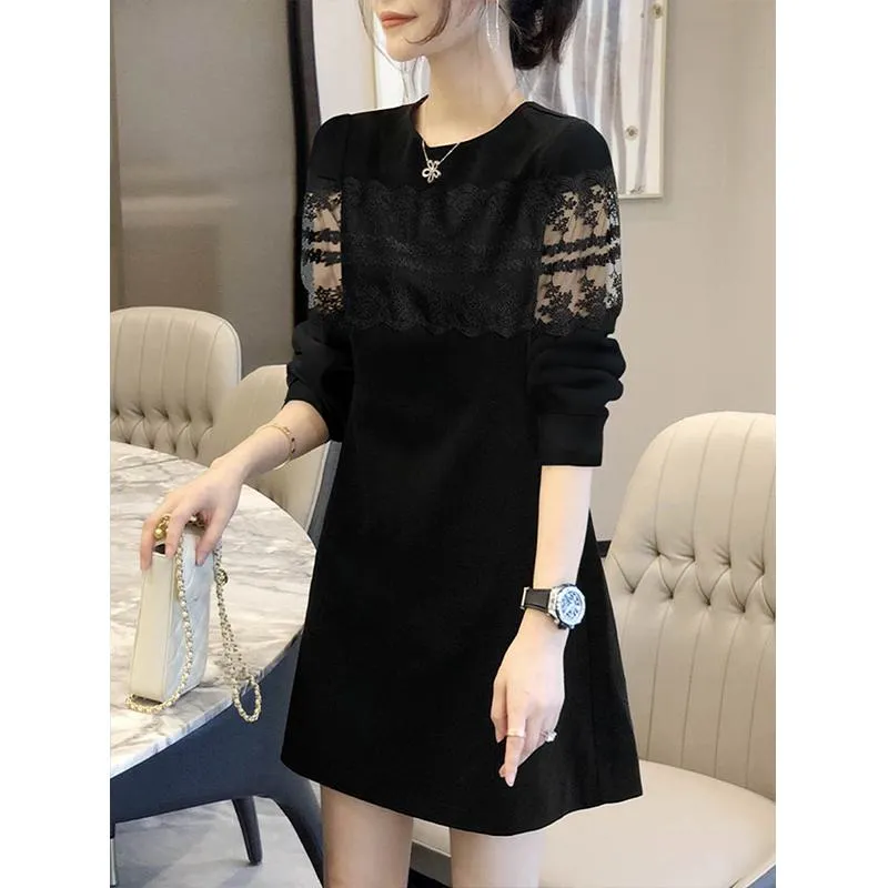 Lace Medium Sleeve Cropped Round Neck Patchwork Dress