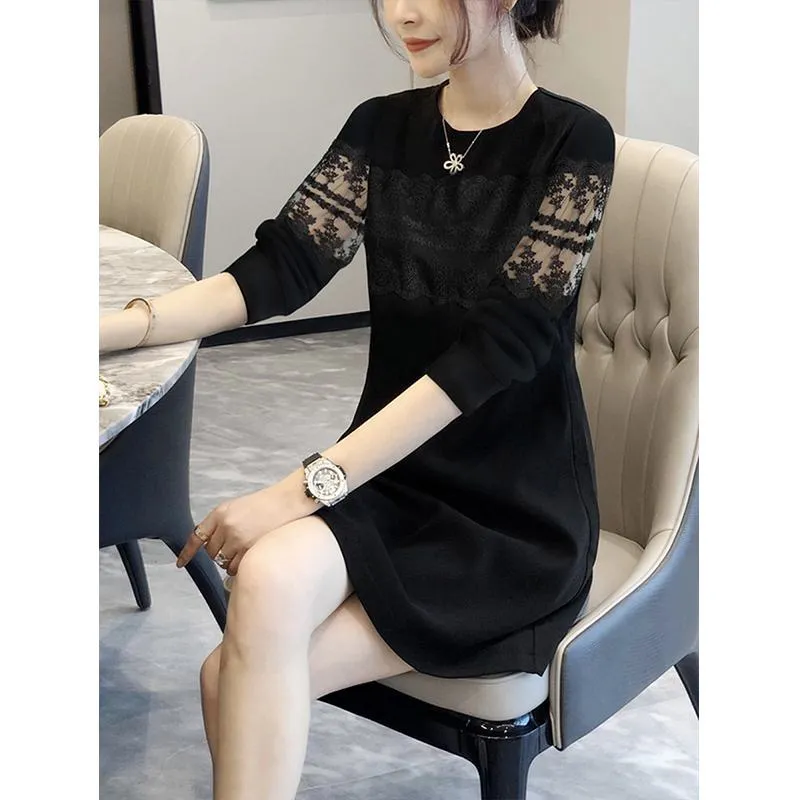 Lace Medium Sleeve Cropped Round Neck Patchwork Dress