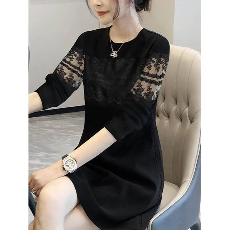 Lace Medium Sleeve Cropped Round Neck Patchwork Dress