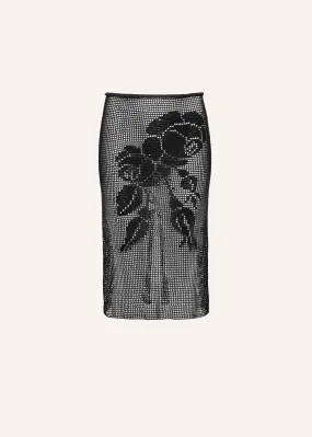 Lace-print crochet midi skirt in black