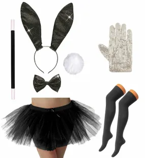 Ladies Black Glitter Bunny Set Tutu Socks Pop Gloves Wand Hen Night Party Outfit