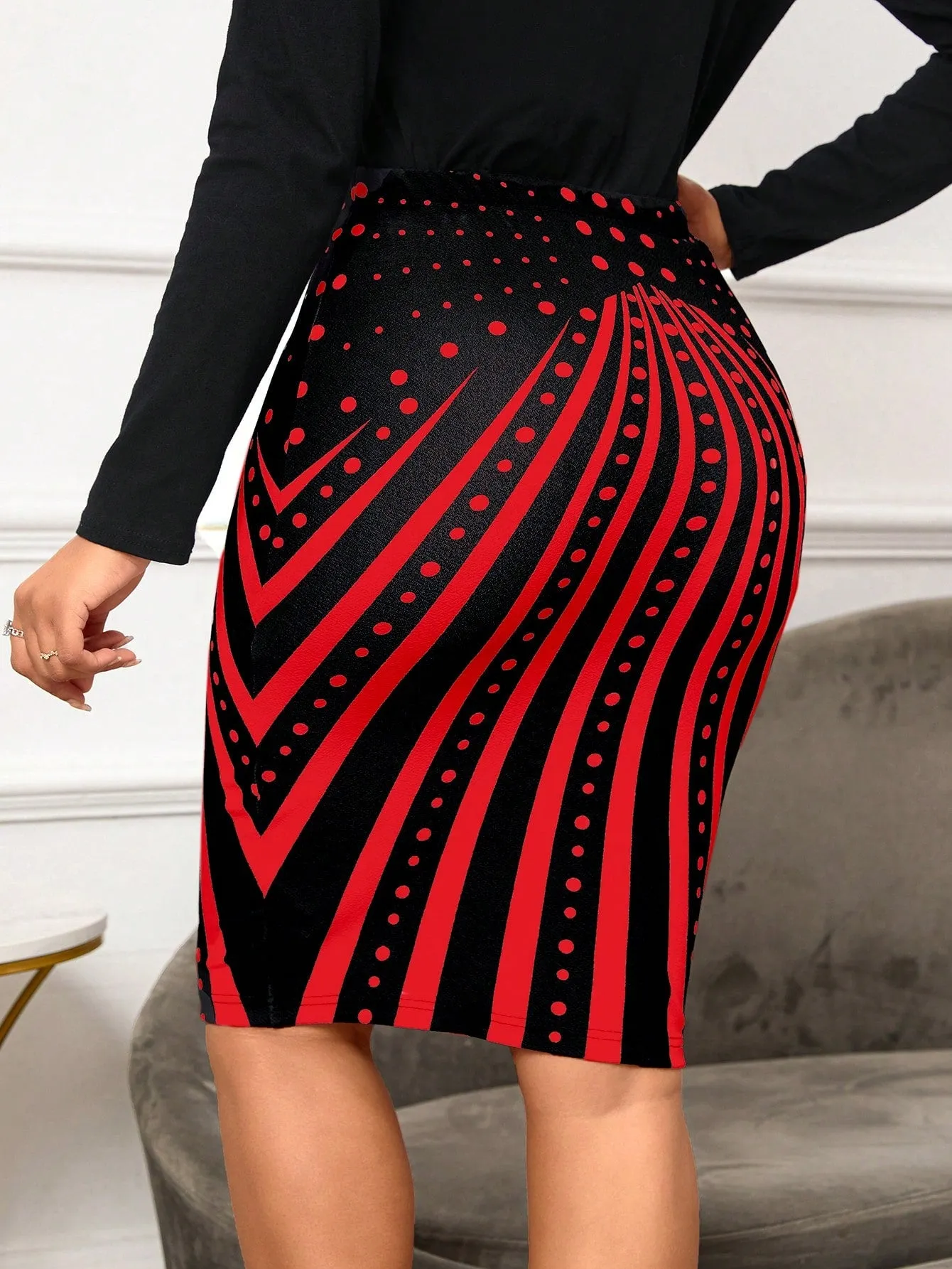 Lady Polka Dot Print Bodycon Skirt