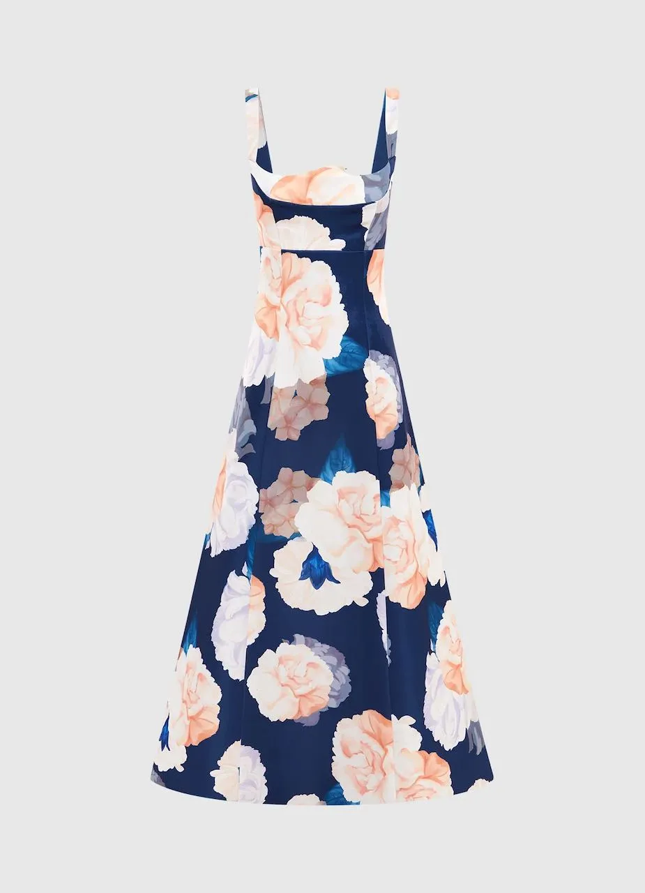 Leo Lin Odette Midi Dress - Rosebud Print in Navy