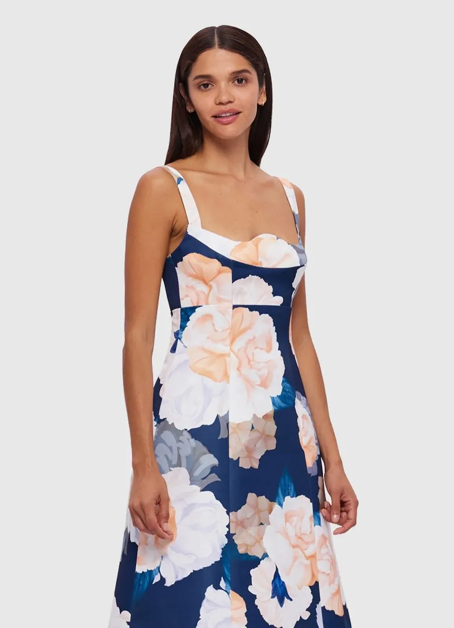 Leo Lin Odette Midi Dress - Rosebud Print in Navy