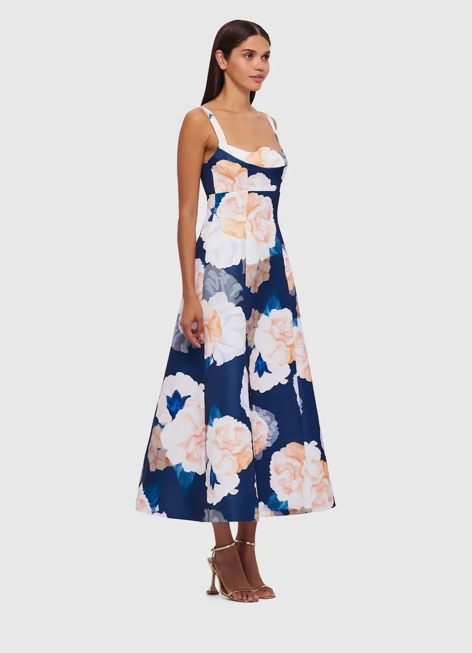 Leo Lin Odette Midi Dress - Rosebud Print in Navy