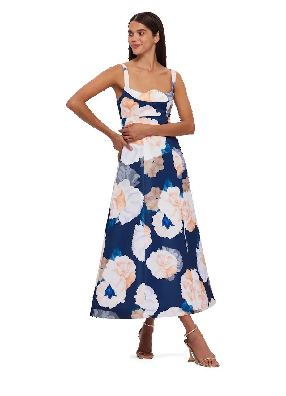 Leo Lin Odette Midi Dress - Rosebud Print in Navy