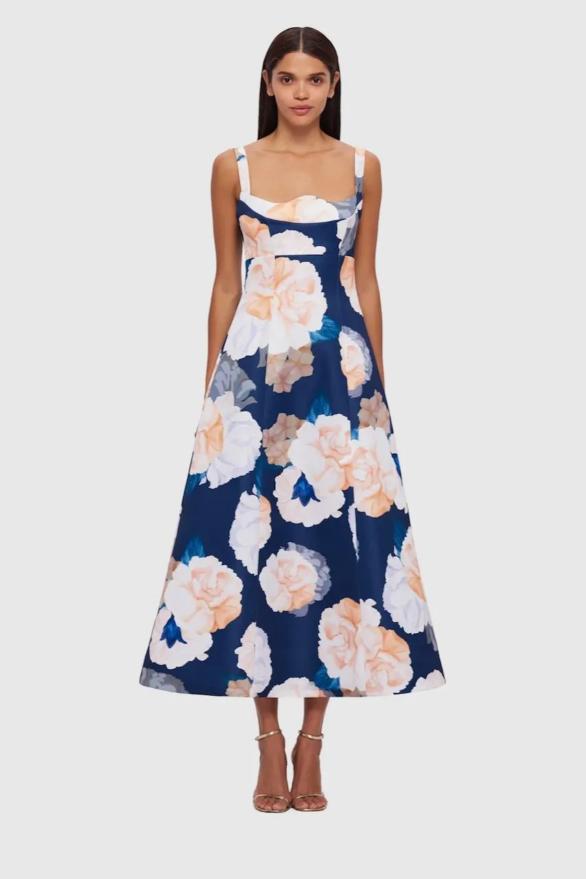 Leo Lin Odette Midi Dress - Rosebud Print in Navy