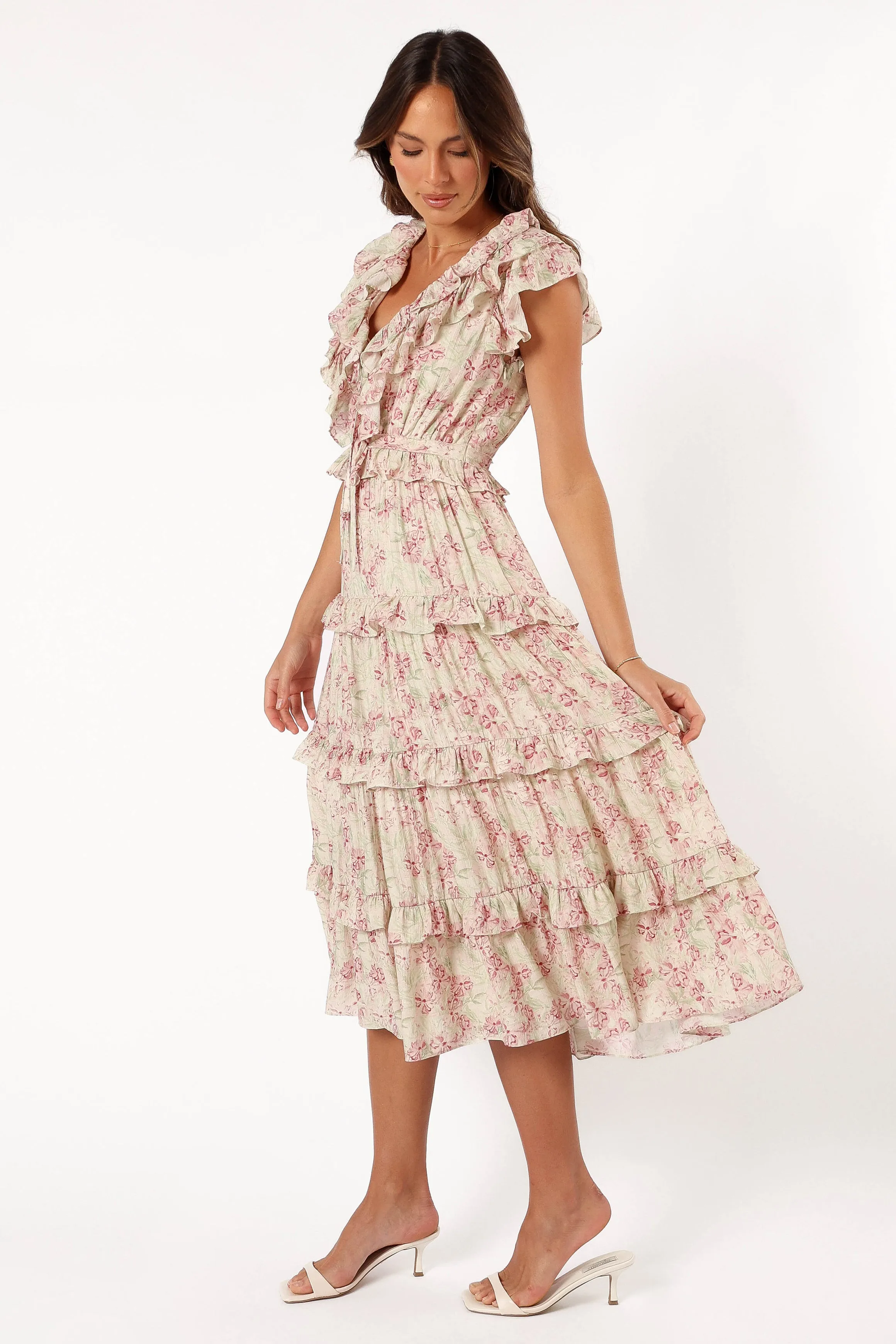 Levelle Midi Ruffle Dress - Ivory/Red Green Floral