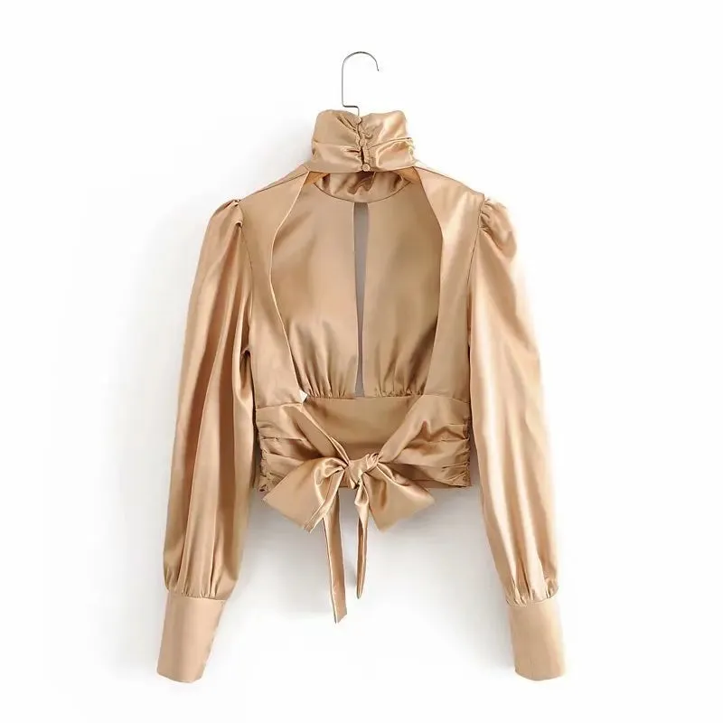 Long Sleeve Turtleneck Satin Top Blouse