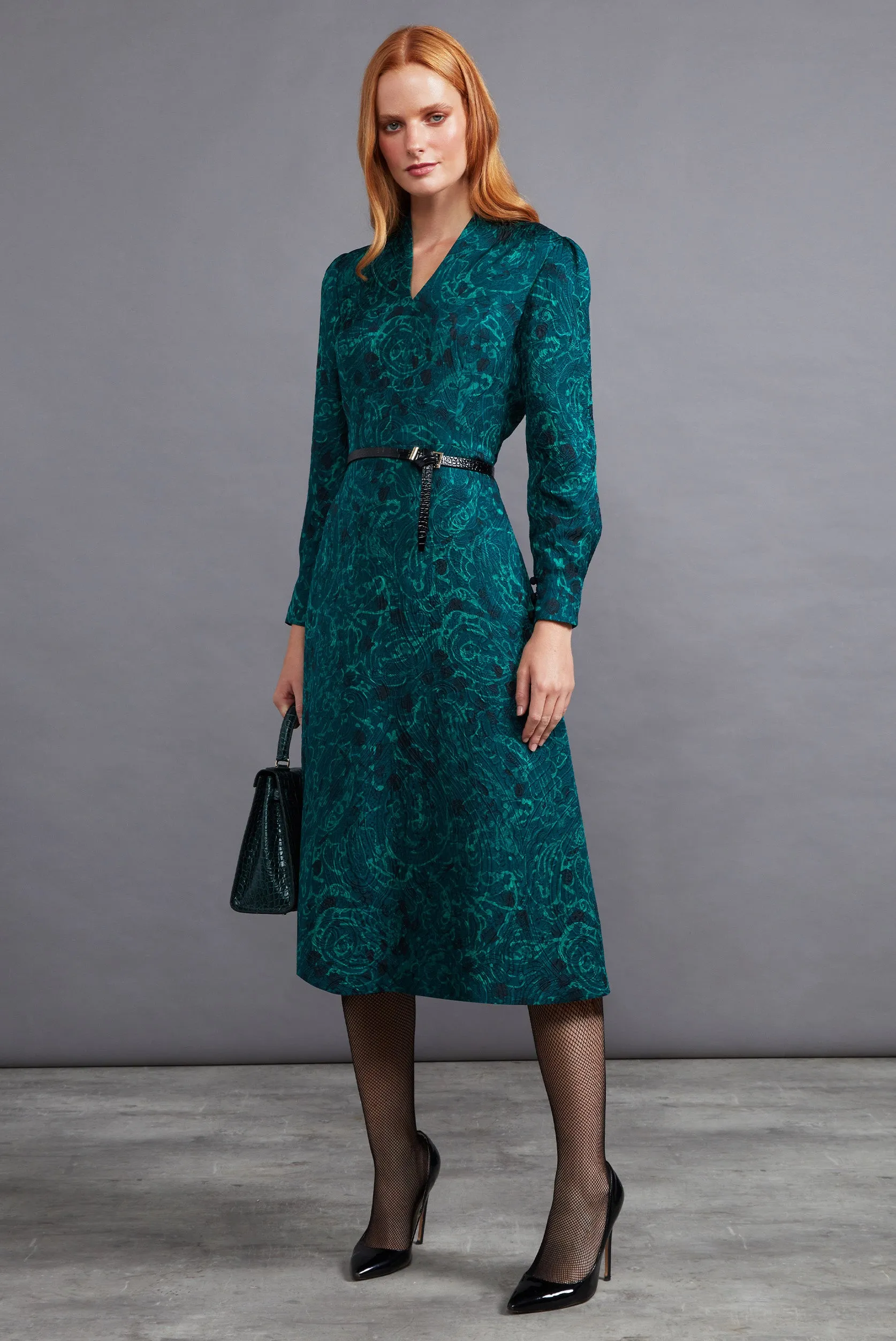 Long-Sleeved Midi-length Dress in Silk/Wool Matelassé - Sophie