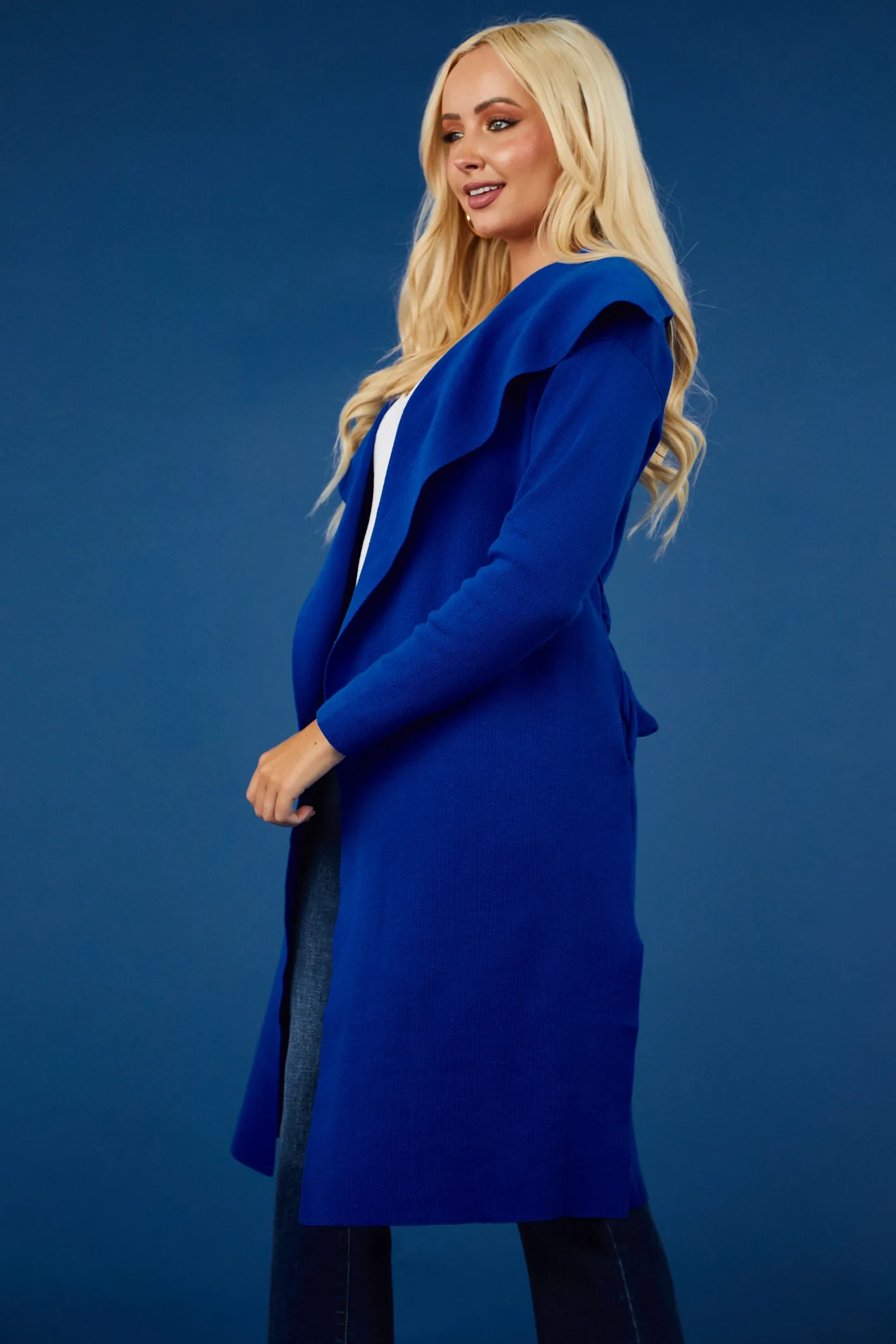 Luna Cobalt Open Waist Tie Ribbed Knit Coat